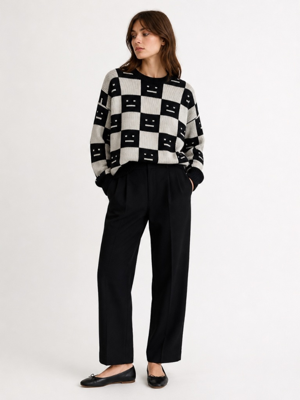 Acne Studios Face Checkerboard Wool Sweater Black‎ Oatmeal Beige XS - Picture 3 of 9